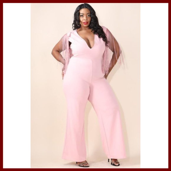 NWT Plus Size Fringe Shoulder V-Neck Jumpsuit Pink - Picture 3 of 8